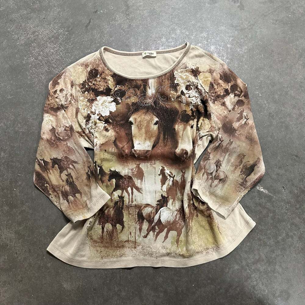 Cactus Vintage Y2K Horse Head & Floral Print Rhinestone Long Sleeve Top